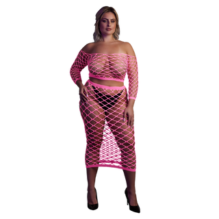 Long Sleeve Crop Top and Long Skirt - Plus Size - Neon Pink