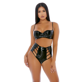 Strings Attached - Vinyl Lingerie Set - S - Black