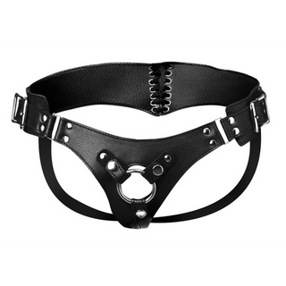 Leather Corset Back Strap On Dildo Harness - Black