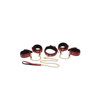 6-Piece Burgundy Bondage Set with Cuffs, Collar and Belt