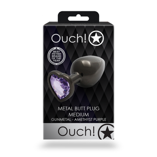 Heart Gem Butt Plug - Medium - Gunmetal/Amethyst Purple