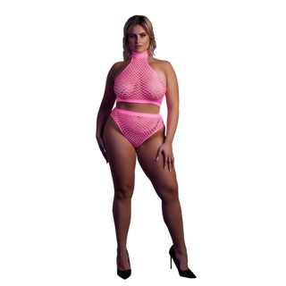 Turtle Neck and High Waist Slip - Plus Size - Neon Pink