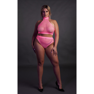 Turtle Neck and High Waist Slip - Plus Size - Neon Pink