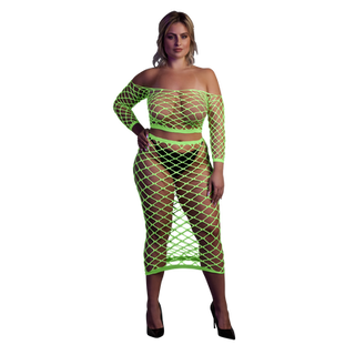 Long Sleeve Crop Top and Long Skirt - Plus Size - Neon Green