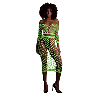 Long Sleeve Crop Top and Long Skirt - One Size - Neon Green