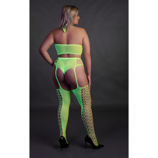 Two Piece with Crop Top and Stockings - Plus Size - Neon Green