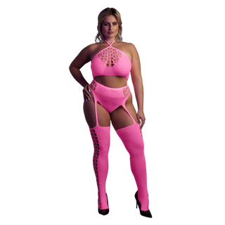 Two Piece with Crop Top and Stockings - Plus Size - Neon Pink