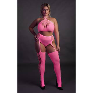 Two Piece with Crop Top and Stockings - Plus Size - Neon Pink