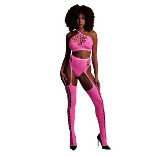 Two Piece with Crop Top and Stockings - One Size - Neon Pink