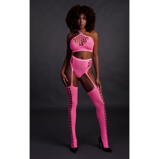 Two Piece with Crop Top and Stockings - One Size - Neon Pink