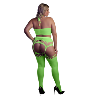 Two Piece with Crop Top and Stockings - Plus Size - Neon Green