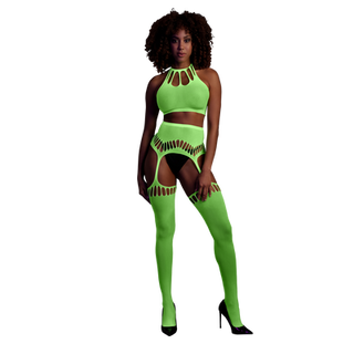 Two Piece with Crop Top and Stockings - One Size - Neon Green