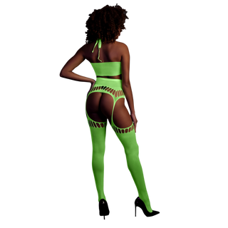 Two Piece with Crop Top and Stockings - One Size - Neon Green