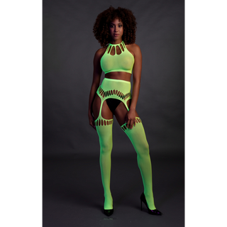 Two Piece with Crop Top and Stockings - One Size - Neon Green