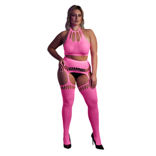 Two Piece with Crop Top and Stockings - Plus Size - Neon Pink